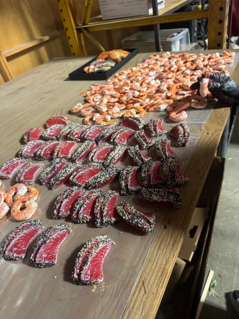 Realistic prop tuna steaks, shrimp and sushi pieces for film production