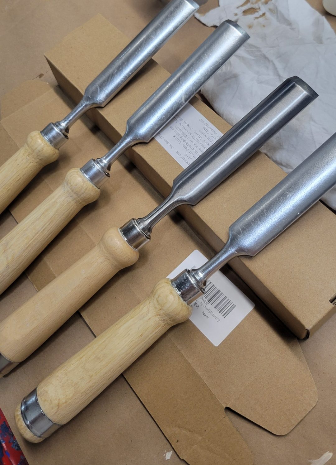 Original woodworking chisels with matching soft stunt-prop replicas